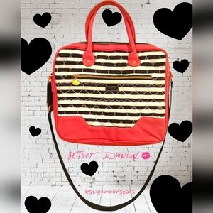 Betsey Johnson Hot Pink, Black And White Striped Laptop Briefcase Shoulder Bag